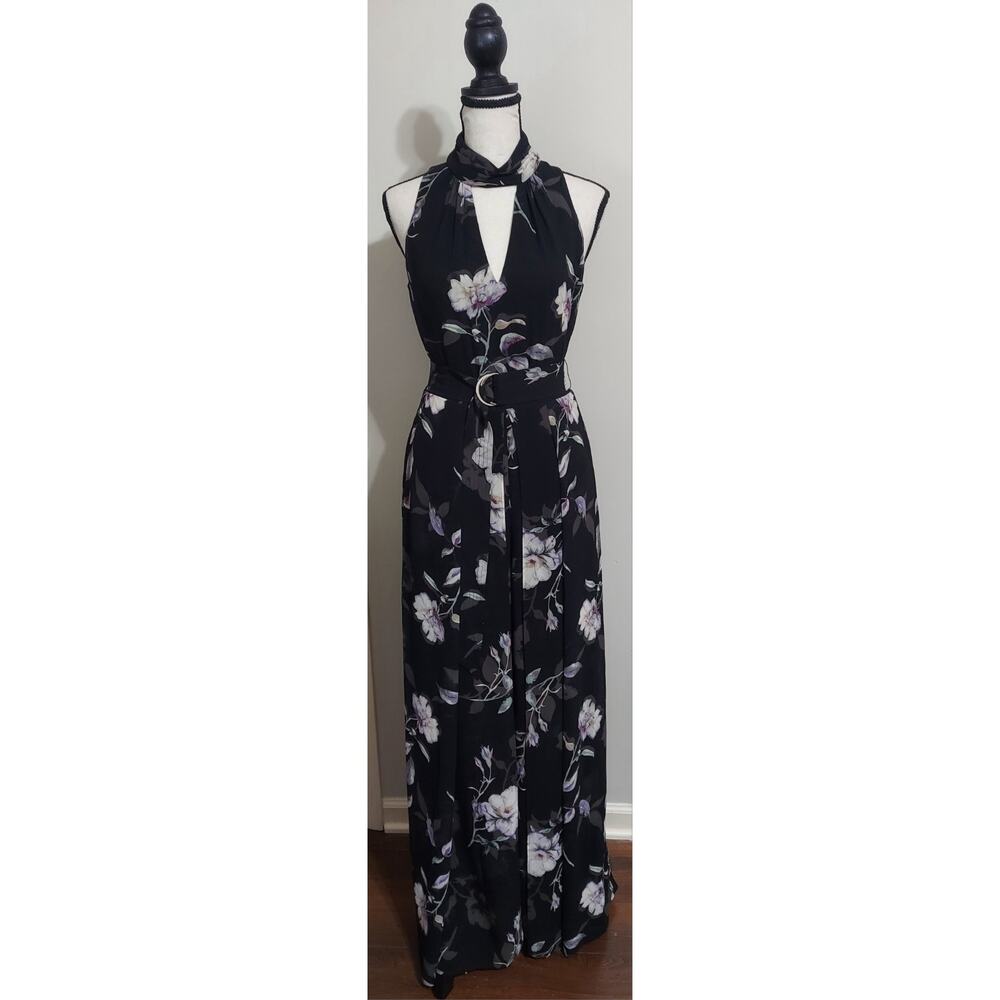 WHBM SZ 2 Belted Jumpsuit Floral Keyhole V-Neck Palazzo Wide Leg Sleeveless - Picture 2 of 15